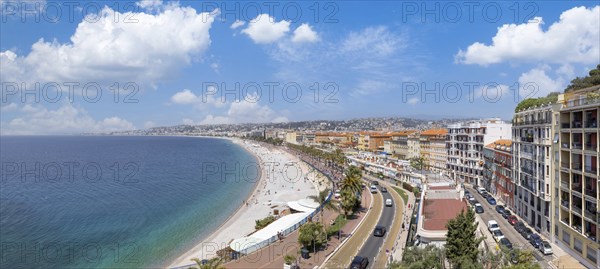 France, panoramic skyline of old historic Nice center and azure beaches along Promenade des