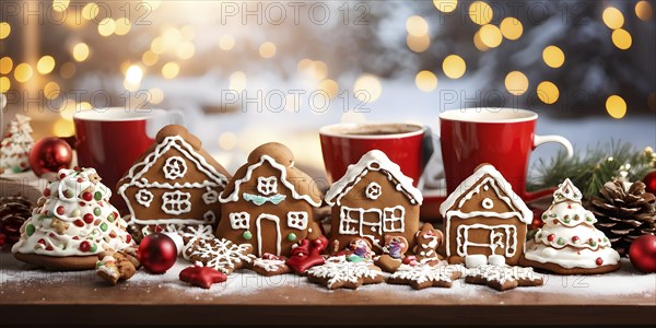 Kitchen counter filled with Christmas cookies, gingerbread houses, and mugs of hot chocolate, with