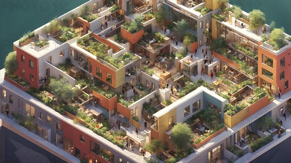 3d render of a compact community of interconnected artists studios in co living, AI generated