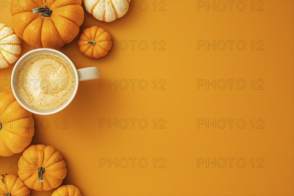 Pumpkins and pumpkin spice latte on orange background with copy space. Generative Ai, AI generated