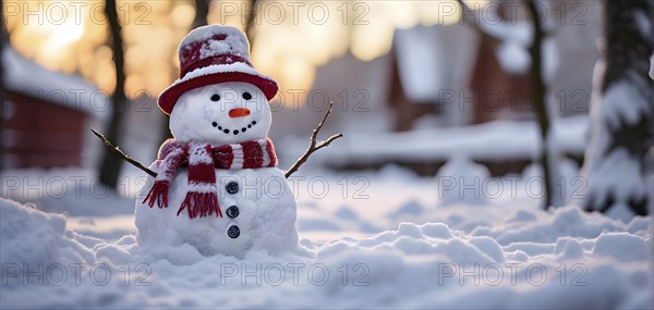 Snowman in an idylic winter urban scenery, snow-covered streets and buildings in background,