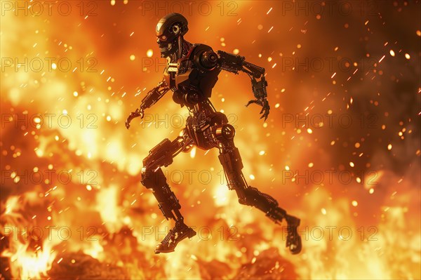 Futuristic humanoid robot running and jumping through an apocalyptic fire, AI generated