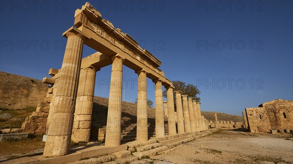 Acropolis of Lindos, morning light, Propylaea, Lindos, Rhodes, Dodecanese, Greek Islands, Greece,