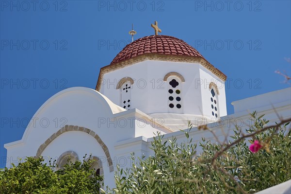 Detailed view of a church with red dome and white walls, surrounded by vegetation, Chora, Old Town,
