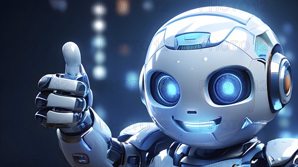 Friendly smiling silver robot with a thumb up symbolizing artificial intelligence, AI generated
