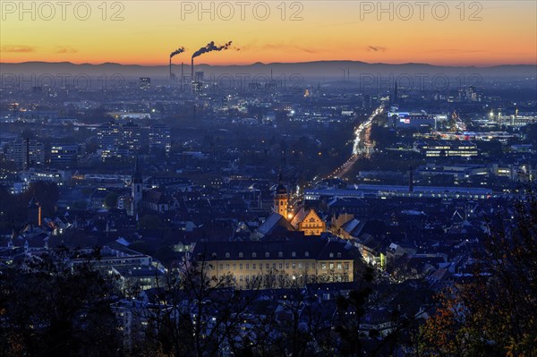 View from the tower hill to Durlach with town church and town hall, in the background Karlsruhe,