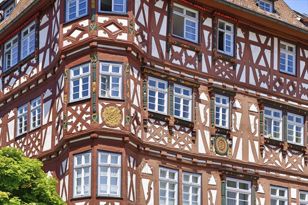 Mosbach, Germany, June 2021: Corner of facade of old historic timber framing building called