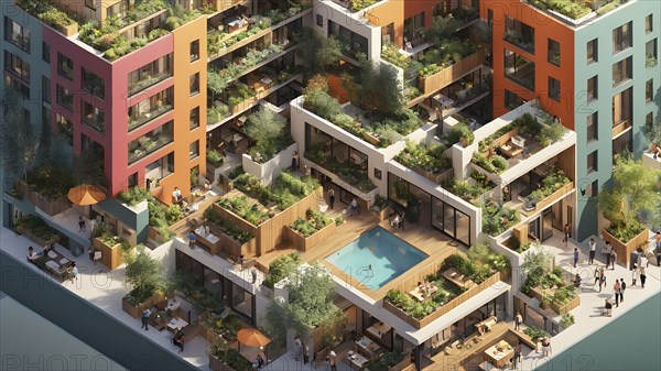 3d render of a compact community of interconnected artists studios in co living, AI generated