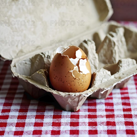 Cracked egg partially spilled on a checkered tablecloth, AI generated