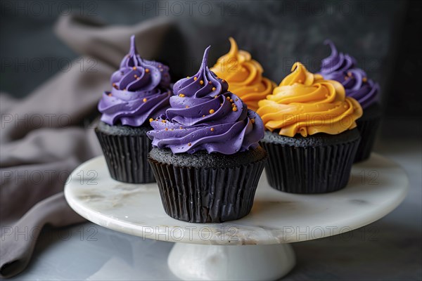 Black Halloween cupcake with purple and orange colored frosting. Generative Ai, AI generated
