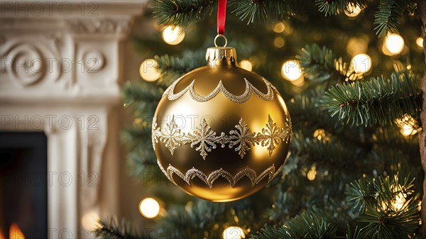 Christmas ornament hanging on a tree, with reflections of twinkling lights and fireplace flames