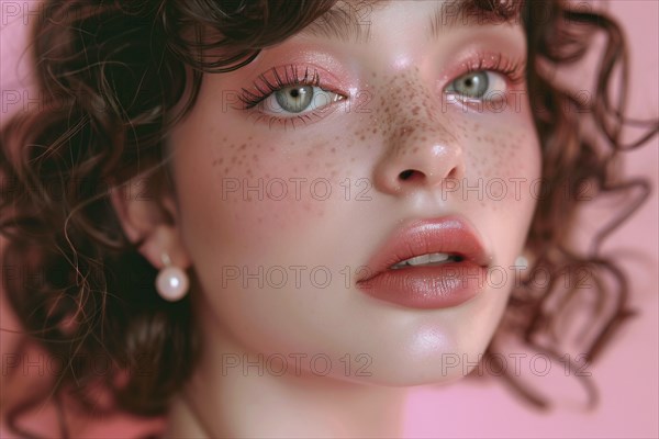 Portrait of beautiful young woman with doll-like features and pink makeup. KI generiert, generiert,