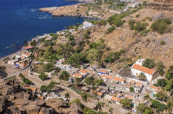 View over city with houses and church. Ciudad Velha. Cidade Velha. Santiago. Cabo Verde. Africa
