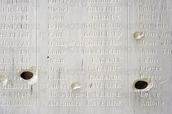 Bullet holes inside the church. The burnt village of Oradour-sur-Glane was destroyed on 10 June