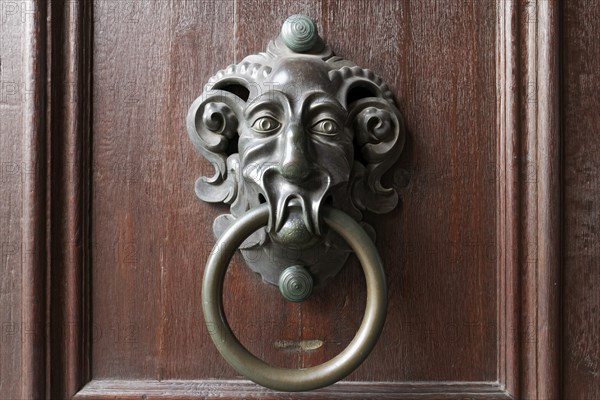 Old door knocker with face of a mythical creature, New Residence, Bamberg, Upper Franconia,