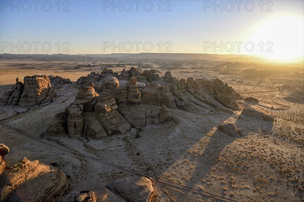 Rock landscape at Jabal Ithlib, blue hour, aerial view, Hegra or Mada'in Salih, AlUla region,