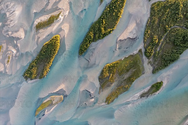 Aerial view, river delta with islands, river Glomåga, Mo i Rana, Norway, Europe