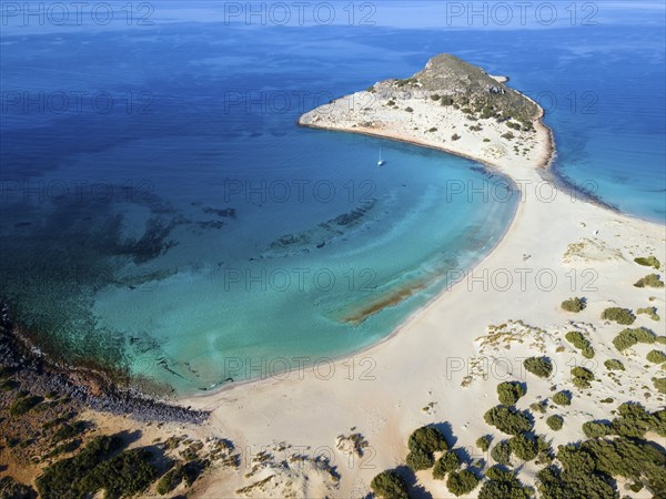 Drone shot, double bay of Simos beach, Sarakiniko beach, Elafonisos, Deer Island, Laconia,