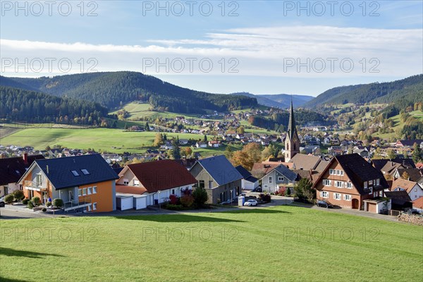 View of Baiersbronn with St. Mary's Church, Freudenstadt district, Black Forest, Baden-Württemberg,