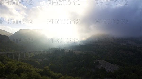 Fog, Backlight, Bridge, Mountains, Madonie National Park, Spring, Sicily, Italy, Europe