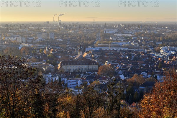 View from the Turmberg towards Durlach with town church and town hall, in the background the city