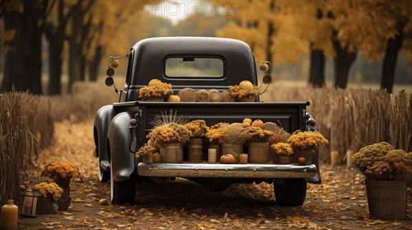 Vintage truck bed filled with fall themed decorations and pillows, generative AI