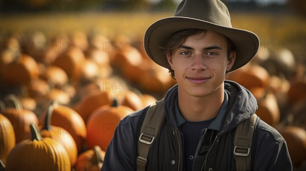 Young adult male farmer wearing cowboy hat standing outdoors near his pumpkin patch harvest,