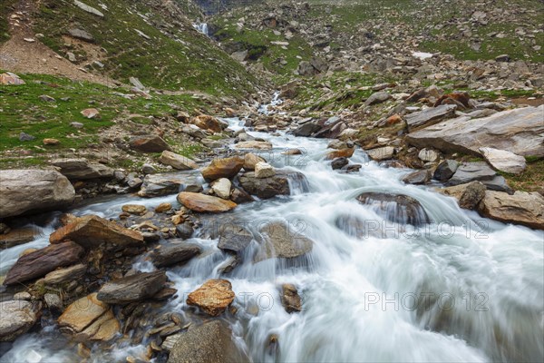 Waterfall in Himalayas in Koksar, Lahaul Valley, Himachal Pradesh, India, Asia