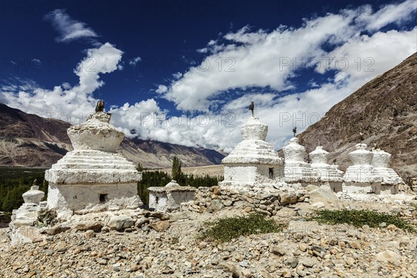 Whitewashed chortens (Tibetan Buddhist stupas) . Nubra valley, Ladakh, India, Asia