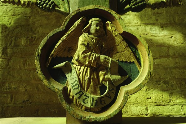 S. Matheus, wood carving of an evangelist, foot end late Gothic triumphal cross of the later 15th