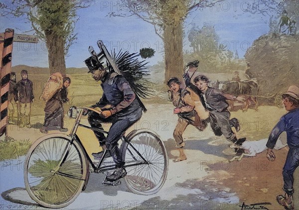 Chimney sweep on a bicycle, Historic, digitally restored reproduction of an original from the 19th