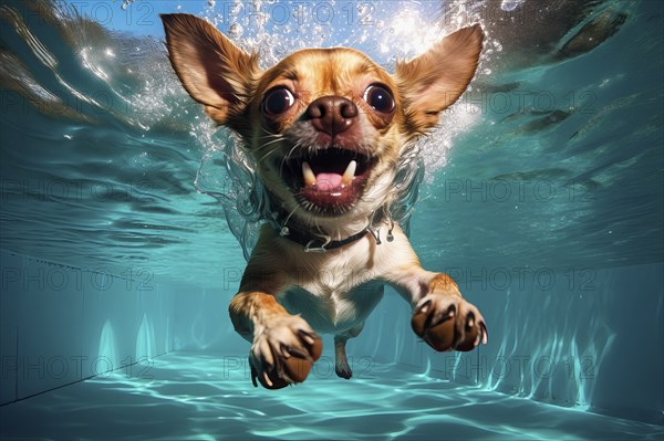 Chihuahua diving in a pool, AI Generated