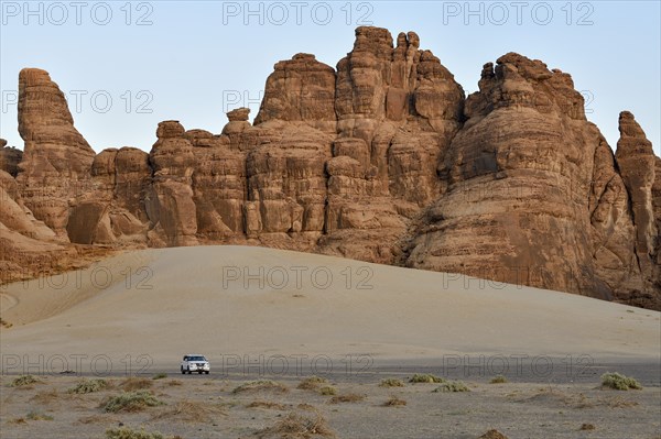 Tourists on a jeep safari in the Ashar Valley, near AlUla, Medina Province, Saudi Arabia, Arabian