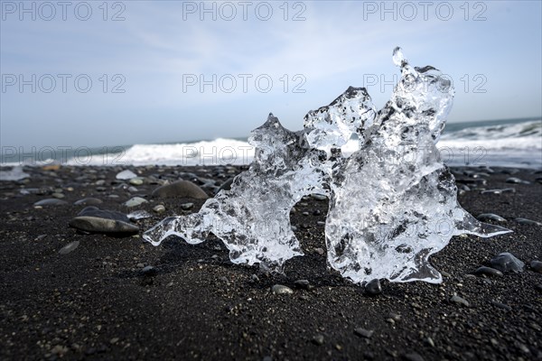 Ice, piece of ice on black sand beach, on black lava beach Diamond Beach, Southeast Iceland,