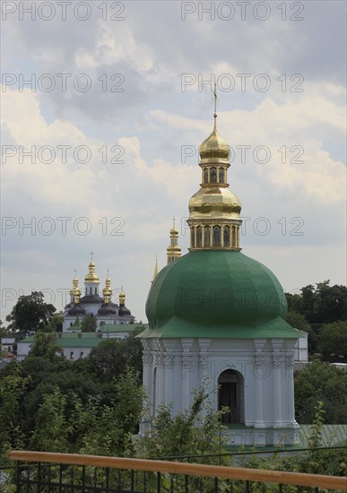 Church tower with green and golden dome, part of the Kiev Cave Monastery, Holy Mary Ascension