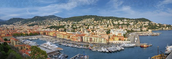 Panorama of Old Port of Nice with luxury yacht boats from Castle Hill, France,