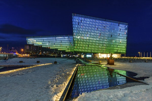 Illuminated facade of the Harpa Concert Hall and Congress Centre, night shot, Reykjavik, Reykjanes