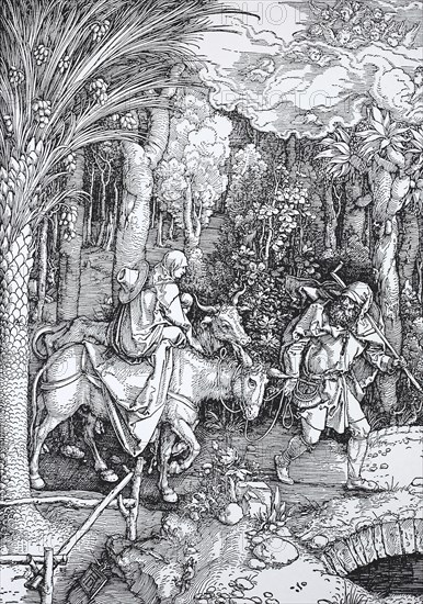 Picture cycle From the Life of the Virgin, the Flight into Egypt, woodcut by Albrecht Dürer,
