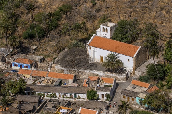 View over city with houses and church. Ciudad Velha. Cidade Velha. Santiago. Cabo Verde. Africa