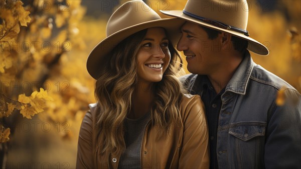 Young adult romantic couple wearing cowboy hats enjoying the fall country atmosphere, generative AI