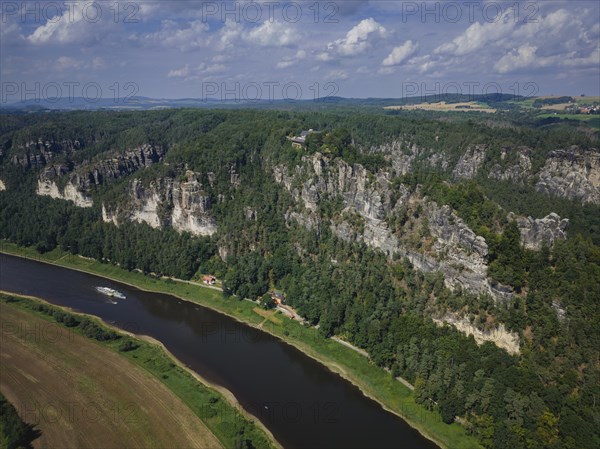 Aerial view of Rathen on the Elbe with the rocks of the Basteige area and the new viewing platform