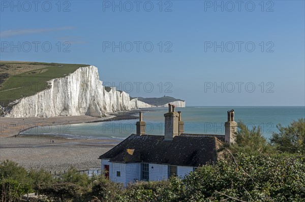 Cuckmere Haven, The Seven Sisters chalk cliffs, House, South Downs, England, United Kingdom, Europe