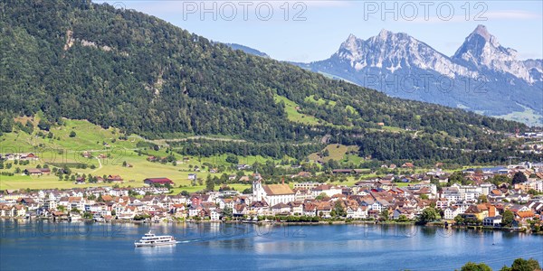 View of Arth on Lake Zug and mountains in the Swiss Alps with panorama of the Little and Great