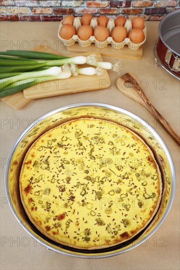 Swabian cuisine, salted cream cake with spring onions, hearty cake, salty shortcrust, baked, out of