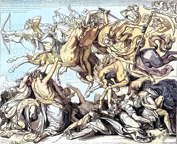 The Four Horsemen of the Apocalypse, messengers of the approaching Apocalypse, the Last Judgement,
