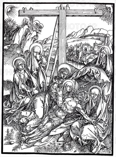 Lamentation of Christ, woodcut by Albrecht Dürer, historical, digitally improved reproduction of an