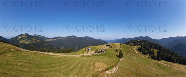 Drone shotMountain landscape, alpine meadow with alpine huts on the Feichtensteinalm, Hintersee,