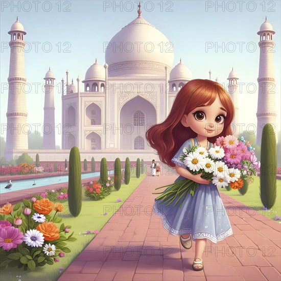 Cute anime girl with flowers near Tajmahal. AI generated