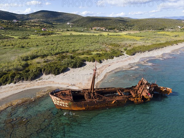 Drone shot, Dimitrios shipwreck, Glyfada beach, Selinitsa, Gythio, Githio, Gythion, Mani, Lakonia,