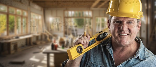 Happy male contractor at a construction site wearing a hard hat and work gloves holding his level